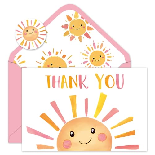 Whaline 24 Pack Sunshine Thank You Cards Pink Orange Cartoon Sun Note Card with Envelopes Stickers Cute Greeting Blank Card for Birthday Baby Shower