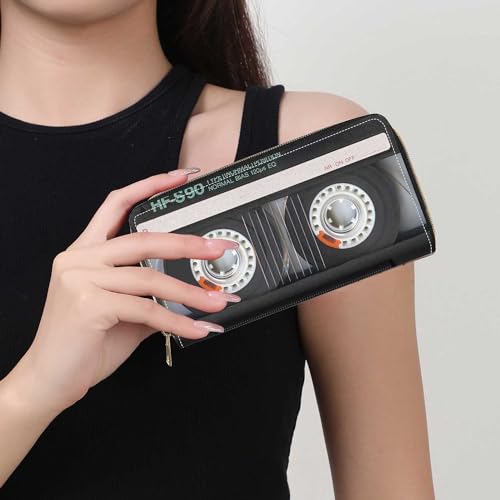 Women's Retro Music Cassette Print Wallet, Large Capacity, PU Leather, Zipper Clutch Purse, Phone Wallet 5