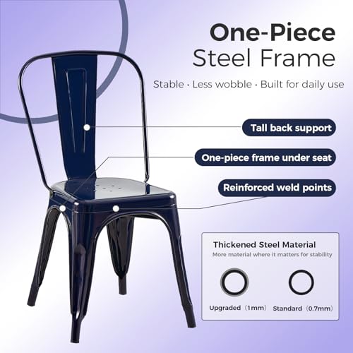 Image of Metal Dining Chairs with Backrest, Stackable, Dark Blue, 8 Pack | Easy Assembly, Non-Slip Feet, 330 lb Capacity, Kitchen, Restaurant, Cafe, Pub, Covered Patio