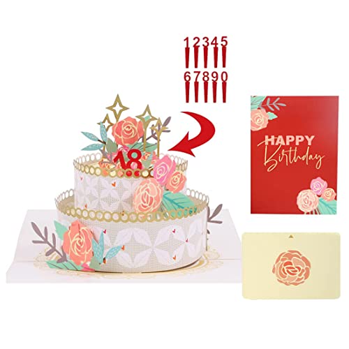 JinSu Pop Up Carte d'anniversaire en Option Numéro d'âge, Carte de Voeux Joyeux Anniversaire, 3D Gâteau Décoré de Roses et étoiles, Carte d'anniversaire avec Enveloppe pour Femme Cover