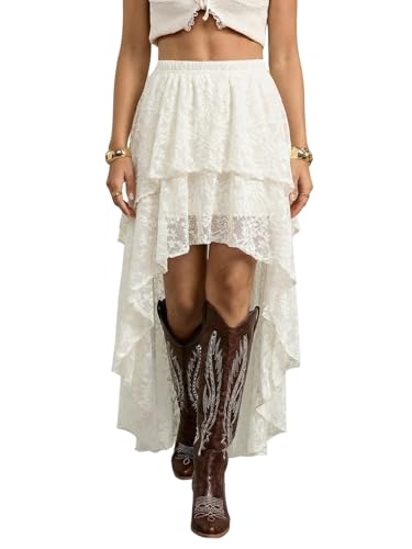 OYOANGLE Womens Summer Y2K Lace Skirt Boho Ruffle Mesh Asymmetrical Long Maxi Skirt CowlGirl Going Out Outfits Apricot M