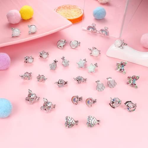 Adramata 15 Pairs Clip On Earrings Women Opal Earrings Assorted Colorful Cute Animals Unicorn Butterfly Cat Earrings Flower Rainbow Star Heart Clip On Earrings for Girls
