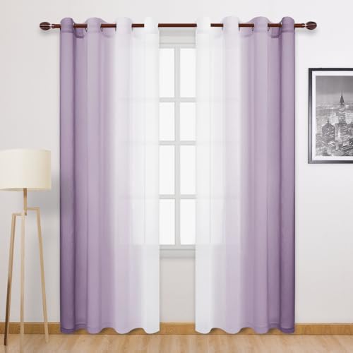 DWCN Lavender Faux Linen Ombre Sheer Curtains - 84 inches Long Gradient Semi Voile Curtains for Bedroom and Living Room, Set of 2 Grommet Top Window Curtain Panels, 52 x 84 Inches Long, Lavender