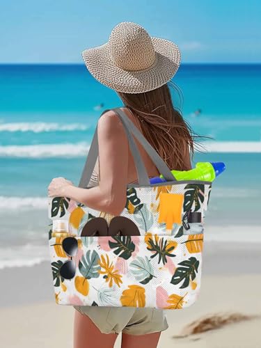 Beach Bags Women Mesh Tote Bag Farmhouse Colorful Tropical Leaf Toy Grocery Pool Bag with Pockets for Travel/Picnic/Shower3