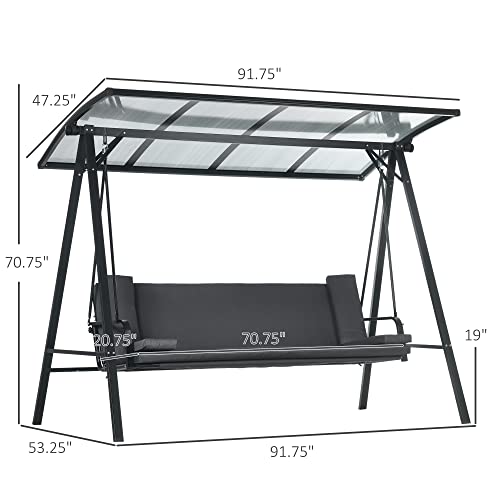 Outsunny 3-Seat Patio Swing Chair, Convertible Swing Hammock Bed With Cushions, Adjustable Polycarbonate Canopy Sunshade Roof For Porch, Garden, Backyard, Gray #TOP2