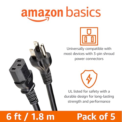 Image of Amazon Basics Universal PC Power Cord Replacement, AC Power Cord for Monitor, Computer, TV, 3 Prong, 18 AWG, 125 Volts, 6 ft, Black, 5-Pack