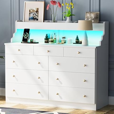 Yeyawomy 9 Drawers Dresser with LED Light, Dresser for Bedroom with Power Outlet, Modern Chest of Drawers, Storage Dresser with Open Storage Space, Dressers & Chests of Drawers for Closet (White) Cover