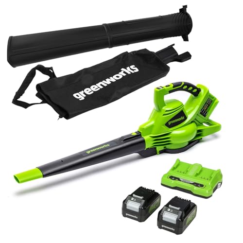 Greenworks GD24X2BVK4X Aspirafoglie Soffiatore a Batteria con Tracolla, Motore Brushless, 322km/h, 9m³/min, Sacco di Raccolta 45L, 2 Batterie 24V 4Ah (Pari a 48V) e Caricabatterie, Garanzia 3 Anni