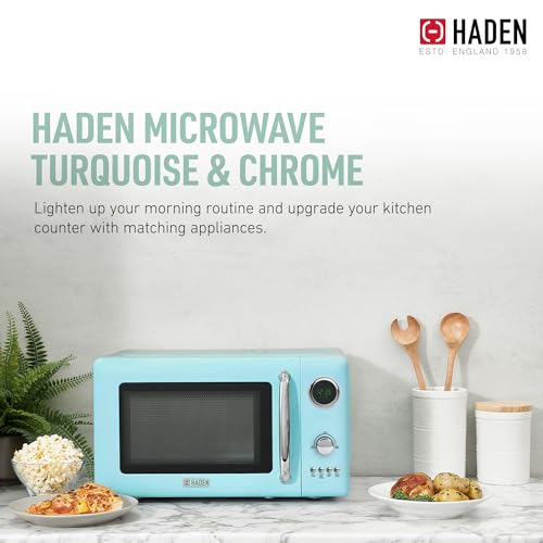 Haden 700 Watt 0.7 Cubic Foot Microwave Oven with Digital Controls, Defrost, and Instant Start Countertop Small Appliance, Turquoise/Chrome