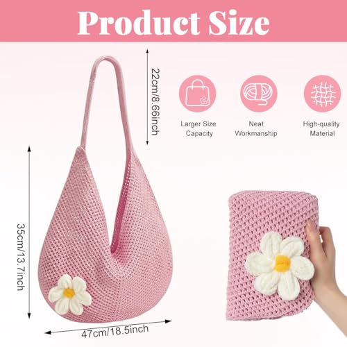 Image of PALAY Tote Bag for Woman Crochet Mesh Beach Shoulder Bags with Flower Brooch Summer Vacation Knitted Bag for Women Shoulder