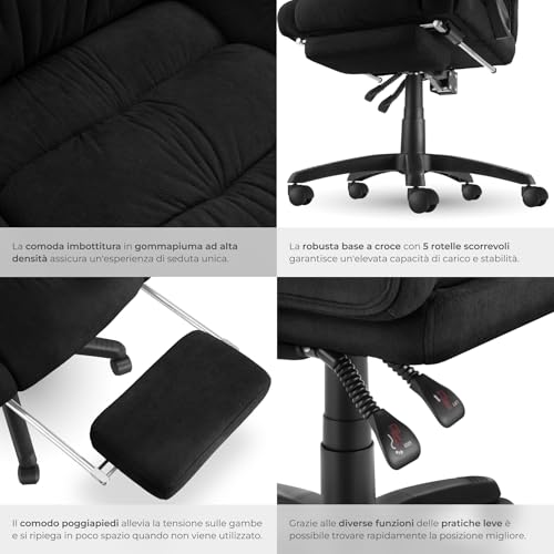 ® Sedia Ufficio Ergonomica, Poltrona relax con Poggiapiedi Estraibile, Sedia Gaming per Scrivania Gaming, Imbottitura in Velluto, Altezza Regolabile, Rotazione a 360°, 5 Ruote Doppie - Nero - Sedia gaming - Immagine 5