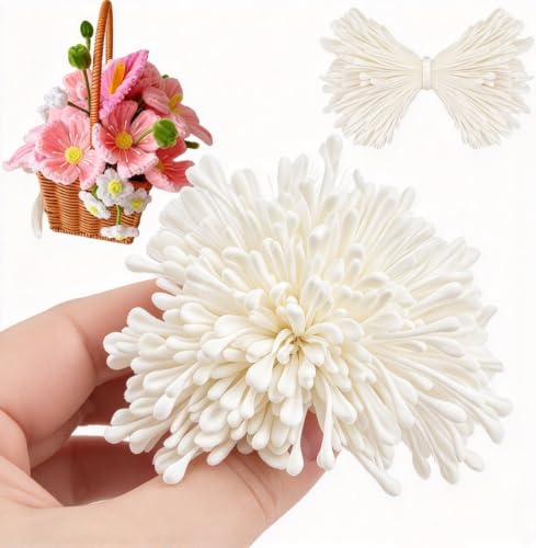 350 Pcs Flower Stamens, 3mm Milky White Pearl Double Heads Handmade Stamen for Flower Making, Artificial Floral Stamens for Crafts Wedding Bouquet Scrapbook Decoration Easter Floral Supplies