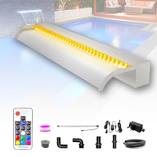 LONGRUN Kit de Cascada de Piscina de 90 cm, Fuente de Estanque de Acero Inoxidable 304, con luz LED RGB, Ancho 25,5 cm