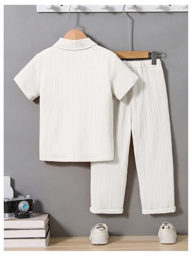 Image of RoseSeek Boy's 2 Piece Outfits Textured Button Down Short Sleeve Collar Shirts Tops and Elastic Waisted Pants White 4Y