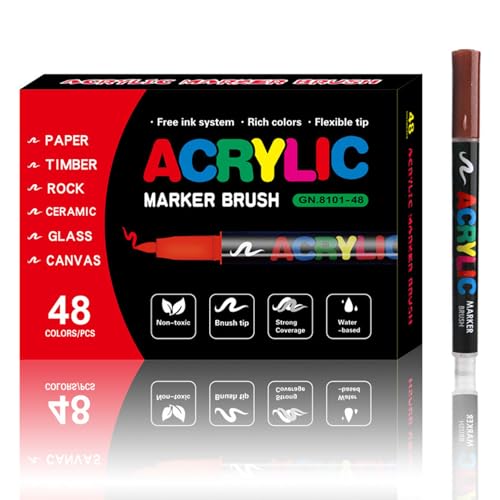 Odoukey 48 colores Juego de pintura acrílica, punta de cepillo suave Marcadores de pintura acrílica para, tela, madera, cerámica, piedra, vidrio, lienzo
