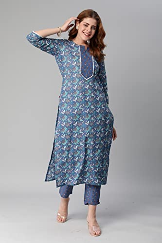Image of GoSriKi Women's Cotton Blend Printed Straight Kurta With Pant