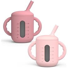 Seposeve 2 Pack Silicone Sippy Cups, Leak-Proof Baby Straw Cup for 6-12 Months, Spill Proof Toddler Cup with Straw 1-3 Years, with Capacity Marking, Non-slip Handle, Flow Control, 6 oz, Purple Pink