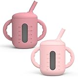 Seposeve 2 Pack Silicone Sippy Cups, Leak-Proof Baby Straw Cup for 6-12 Months, Spill Proof Toddler Cup with Straw 1-3 Years, with Capacity Marking, Non-slip Handle, Flow Control, 6 oz, Purple Pink