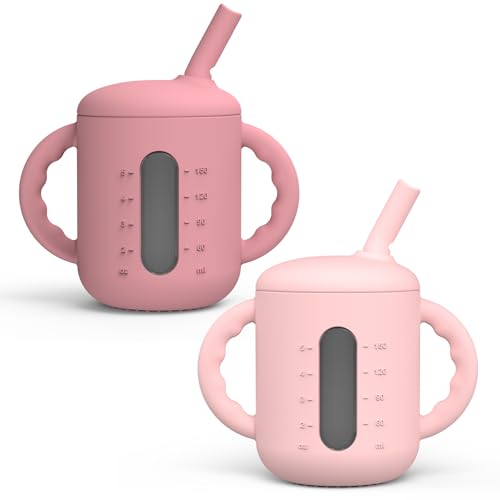 Image of Seposeve 2 Pack Silicone Sippy Cups, Leak-Proof Baby Straw Cup for 6-12 Months, Spill Proof Toddler Cup with Straw 1-3 Years, with Capacity Marking, Non-slip Handle, Flow Control, 6 oz, Purple Pink