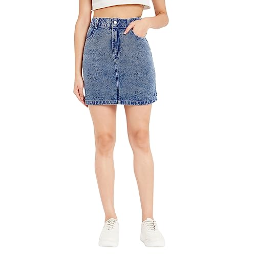 Image of DRAPE AND DAZZLE Mini Skirt with Back Slit Denim Black Short Cotton Skirt with 4 Pocket for Women | Denim Short Skirt for Women & Girl's | Stretchable Western Denim Skirt for Women