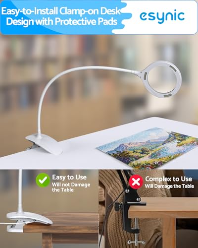 eSynic Lampa powiększająca popularna 5 x 10 x szkło powiększające ze światłem, bez użycia rąk, lupa z 15 diodami LED, podświetlane lupy, lampa biurkowa, zacisk LED do czytania, hobby rzemieślnicze