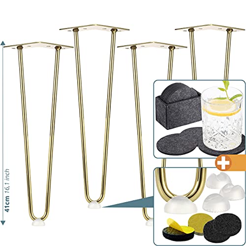 smartpeas 4X Patas De Horquilla En Metal Inoxidable Oro - Patas para Muebles De 41 Cm con 2 Puntales +Además: Protectores De Suelo + Posavasos De Fieltro