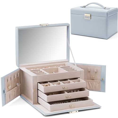 Vlando Large Jewellery Box for Women Lockable Jewellery Boxes with 3 Drawers Jewelry Storage Earrings, Rings, Necklaces, Bracelets, Brooches, Watches Organiser Apricot White
