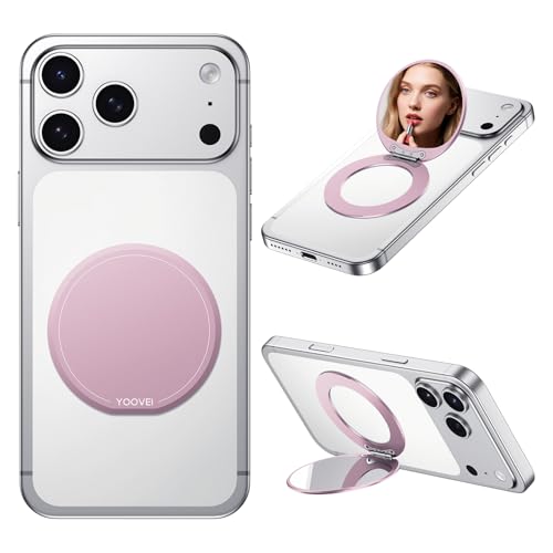 YOOVEI Magnetic Phone Case Stand with Mirror for MagSafe Universal Metal Adjustable Kickstand for iPhone 17/16/15/14 Pro Max Slim Phone Mirror for All Smartphone Used for Women Outdoor Makeup Pink