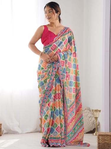Image of Panzora Women's Chinon Printed Saree With Unstitched Blouse Piece