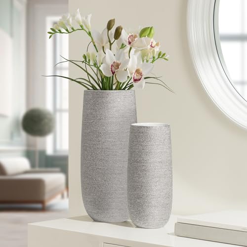 Torre & Tagus 11 Inch Silver Ceramic Vase - Large Textured Silver Vase with Glam Decor Aesthetic for Floral Arrangements, Table Centerpiece for Living Room, Entryway, Bedroom (Brava 11 Inch Cylinder) by Torre & Tagus - Image 5