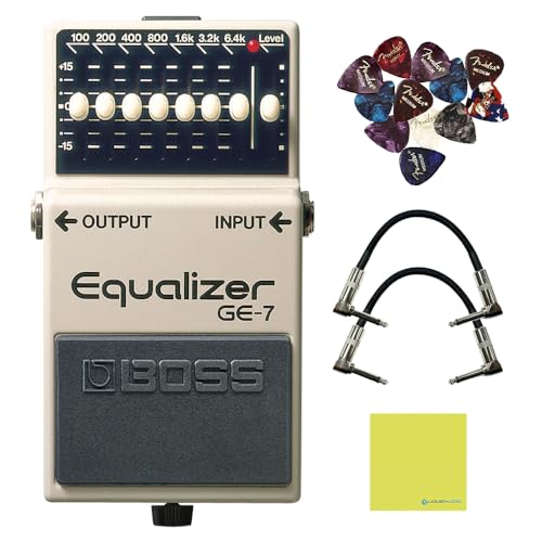 Boss GE-7 Powerful 7-Band Graphic Equalizer Pedal Bundle w/2x Strukture S6P48 Woven Right Angle Patch Cables, 12x Guitar Picks and Liquid Audio Polishing Cloth