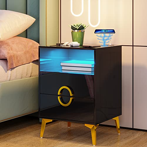HNEBC LED Nightstand with 3 Color Motion Sensor Lights for Bedroom,White | Smart Bedside Table with USB-C Charging Station,3 Drawers,Tempered Glass Top,High Gloss Night Stand for Living Room