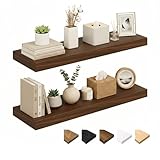 RICHER HOUSE Wandregale, 60 cm Schweberegal, Wandboard Holz mit unsichtbaren Halterungen, Holzregal Wand 2er-Set für Badezimmer, Schlafzimmer, Büro, Wohnzimmer, Küche (Walnuss, 60 x 23,5 x 3,8 cm)