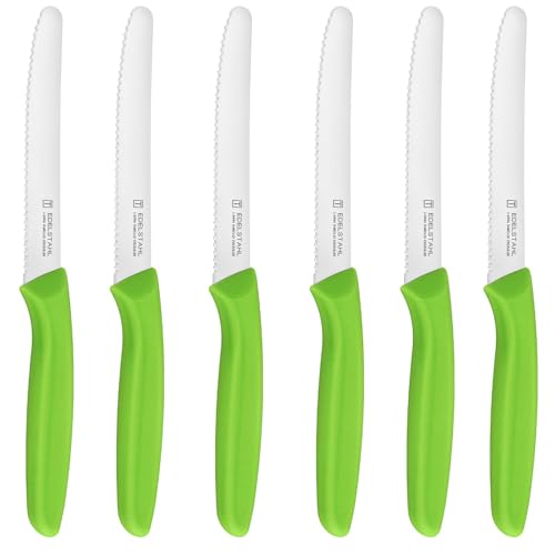 targzier Professional Tomato Knives,Sharp Serrated Kitchen Knives Set of 6,Stainless Steel Dinner Knife,Wavy Edge Tamato Knife,Extra Sharp Blade,Ergonomic Handle,Dishwasher Safe,Green