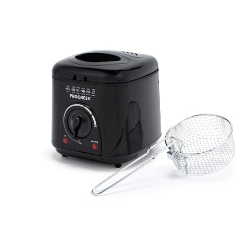 Progress Friteuse Compacte 1L Mini 950W, Panier de Cuisson Amovible Antiadhésif, Facile à Nettoyer, Antidérapant, Contrôle de Température Réglable, Filtre Réducteur d&rsquo;Odeurs, Garantie 3 ans