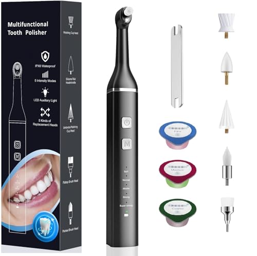 Tooth Polisher Electric Stain Plaque Remover for Teeth, Teeth Cleaning whitening Plaque Stain Removal Yellow Teeth with 5 Modes, Teeth Polisher Stain Remover with 5 Heads & 3 Toothpaste