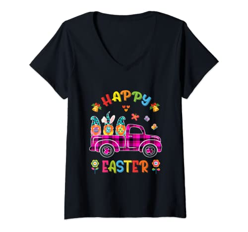 Mujer Funny Three Gnomes Holding Egg Happy Easter Day camión Pascua Camiseta Cuello V
