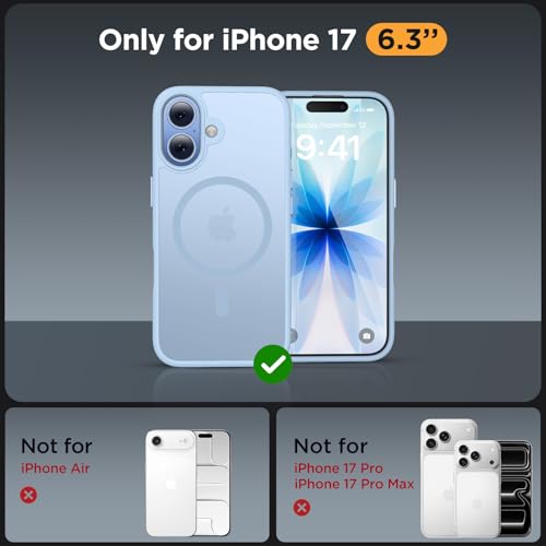 Image of Miracase Magnetic for iPhone 17 Case (Compatible with MagSafe) with Screen Protector Military-Grade Protection, Anti-Fingerprint Translucent Matte Phone Cover for iPhone 17 6.3 inch, Light Blue
