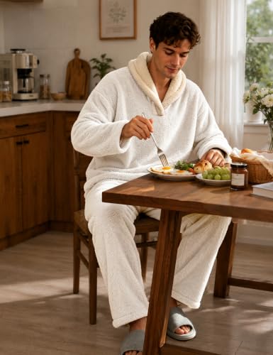 Image of Mens Fluffy Coral Fleece Pajamas Set Pullover Pants Loose Plush Warm Loungewear Sleepwear