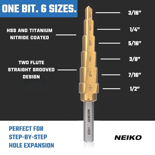 Image of NEIKO 10183A Step Drill Bit, 6 Steps 3 /16 inch to 1 /2 inch Straight High Speed Steel, Titanium Nitride Coated, 1 /4 inch Tri Flat Step Bits for Steel, Metal, Wood, Plastic, Unibit Cone Drill Bits, Two Flute