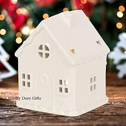 White Ceramic Tea Light Candle Holder Gingerbread House Design Home Ornament Decoration Tealight
