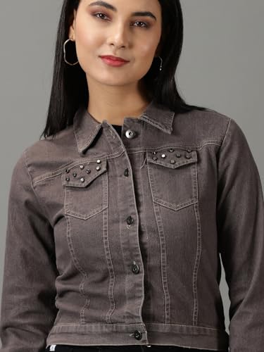Image of SHOWOFFFF Women Solid Denim Jacket | Spread Collar Full Sleeves Denim Jacket for Womens | Regular Fit Regular Length Jacket for Women's