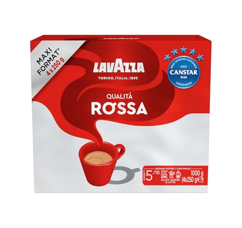 Lavazza, Qualità Rossa, Ground Coffee, 1 kg, Ideal for Moka Pots, with Aromatic Notes of Chocolate and Dried Fruits, Arabica and Robusta, Intensity 5/10, Medium Roasting, 4 x 250 g