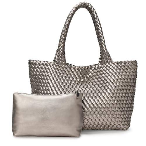 Raymaple Bolsa Tote Feminina De Tecido, Grande Ombro Com Zíper Interno, Cinza Prateado