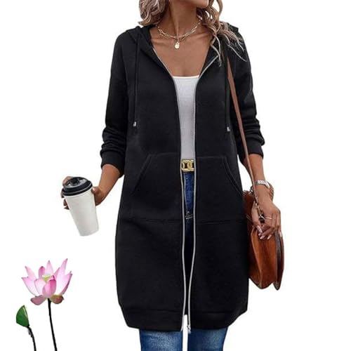 Women Casual Zip up Polyester Hoodies, Women Long Hoodie Tunic with Pockets, Jackets Long Sleeve Sweater Dress