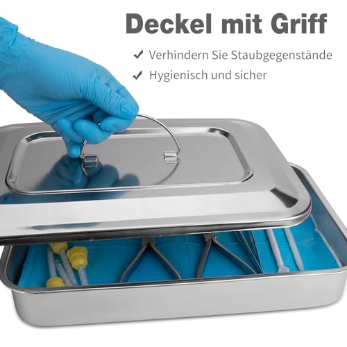 faruijie Edelstahl-Tablett mit Deckel, Medizinischer Multifunktions-Sterilisationsorganisator für Dentallabor und Tätowierung, großer chirurgischer Instrumentenhalter mit Deckel und Griff