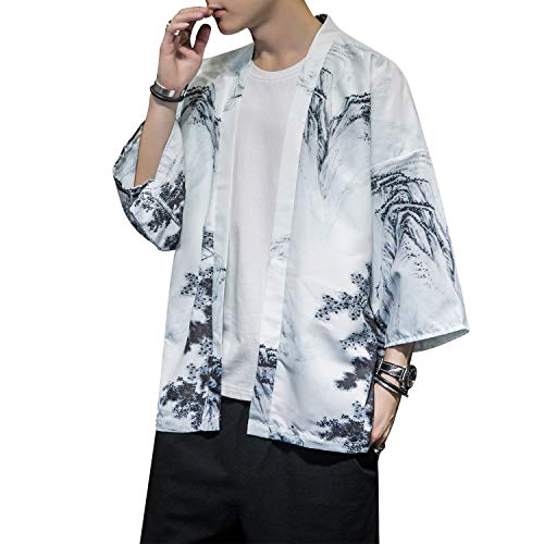 Image of Men's Japanese Kimono Robe Jacket Lightweight 3 /4 Sleeve Open Front Yukata | Silky Smooth Fashion Print Happi Coat Lightweight Breathable Loose Unisex Haori Casual Summer Cardigan Daily Beach Vacation