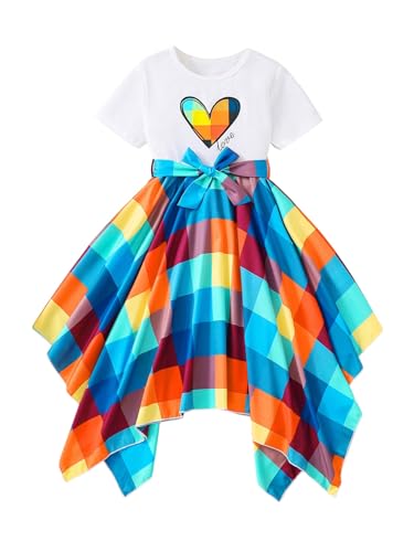 Floerns Girl's Graphic Patchwork Color Block Dress Short Sleeve Flowy Belted Midi Dress