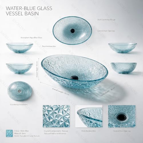 Image of B Backline Glass Basin For Bathroom | 100% Pure Glass Basin | Premium Tabletop Countertop Wash Basin For Bathroom | 7-Year Warranty (Blue Water)(20 x 14 x 6 Inch)