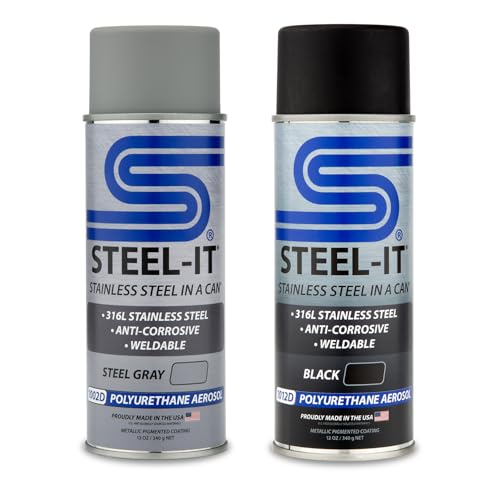 Steel-It Polyurethane Aerosol, Stainless Steel in a Can Protects Against Corrosion, Industrial Paint Coatings, Heat/Wear Resistant, Weldable, Food Safe, Easy to Apply, (1 Can Black & 1 Can Steel Gray)